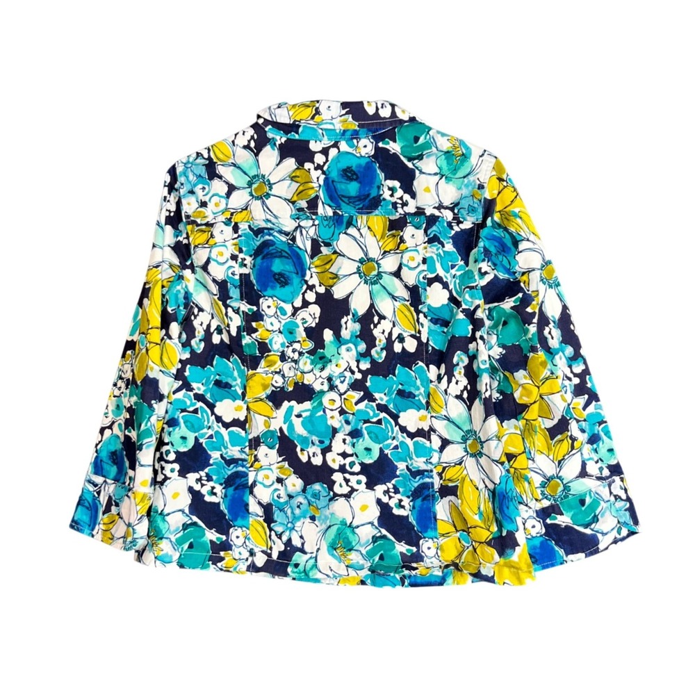 Christopher & Banks Womens Size Medium Floral Jacket Blue Yellow Buttons Stretch - Picture 3 of 12